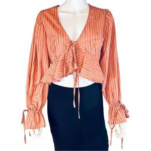 SHEIN Cropped Long Sleeve Ruffle Blouse Orange Womens Boho Coquette Festival
